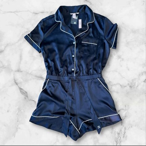 Victoria's Secret Dream Angels Satin Button-Front Romper Navy Blue Women Sz Med Satin Pjs, Angel Theme, Silky Robe, Wishlist 2024, Satin Romper, Victoria Secret Pajamas, Satin Kimono, Winter Fit, Floral Robes