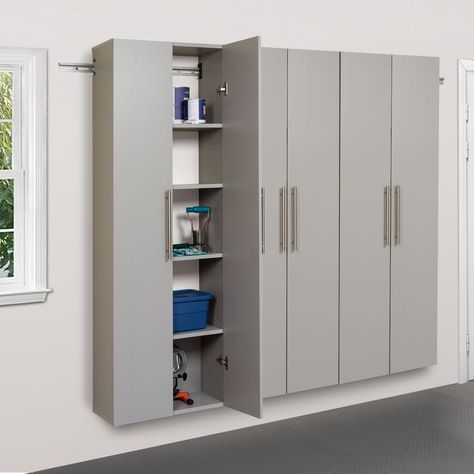 Utility Storage Cabinet, Garage Workshop Organization, Large Storage Cabinets, Garage Storage Solutions, Grey Laminate, Grey Storage, Light Grey Walls, Utility Storage, Diy Garage Storage