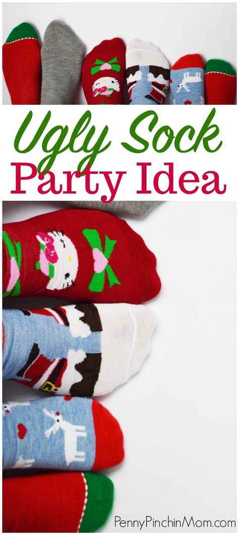 Christmas Party Idea - Host an Ugly Sock Party! Christmas gift idea | Christmas party idea | Fun Christmas party #Christmas #party Sock Party Ideas, Christmas Sock Party, Sock Exchange Party, Sock Party, Christmas Socks Exchange, Christmas Party Friends, Mid Winter Christmas, Ugly Christmas Socks, Ladies Christmas Party