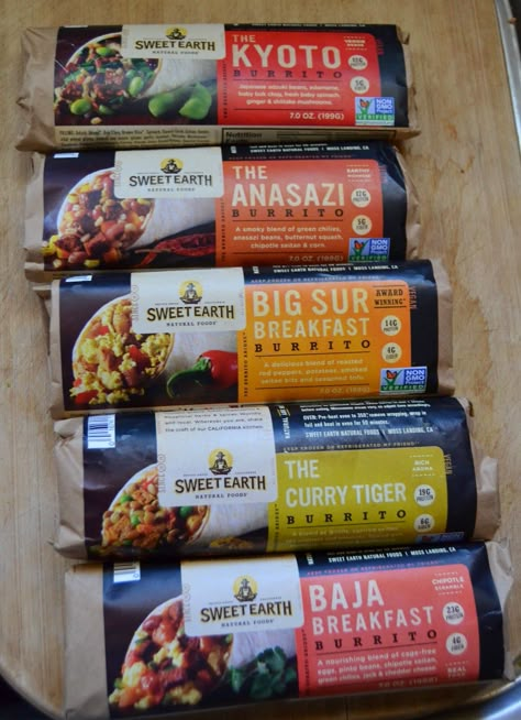 Sweet Earth Burritos - clean eating on the go! Carried by Target! Clean Eating On The Go, Salad Design, Eating On The Go, Frozen Food Packaging, Sandwich Packaging, Spices Packaging, Steamed Chicken, Frozen Breakfast, Eat Salad