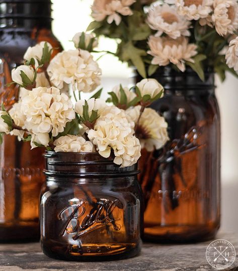 Amber Mason Jar Fall Centerpiece Decorating With Mason Jars, Farmhouse Decorating Ideas, Mason Jar Vases, Blue Mason Jars, Wedding Bottles, Canned Goods, Jar Decor, Wedding Shower Favors, Easy Christmas Decorations