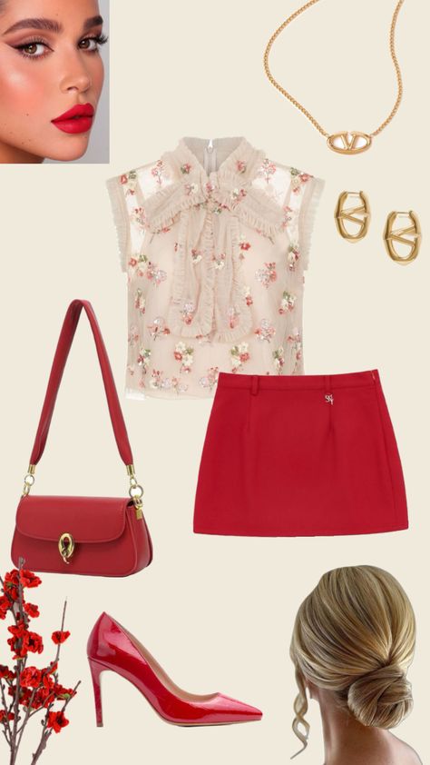 #outfitinspo #red #miniskirtoutfit #feminine #fashion #styleinspo #datenight #girlsnight #party #goingout Red Date Night Outfit, Birthday Moodboard, Fashion Trend Board, Red Outfits, Feminine Outfits, Elegant Clothes, Fashion School, Feminine Fashion, Girly Style