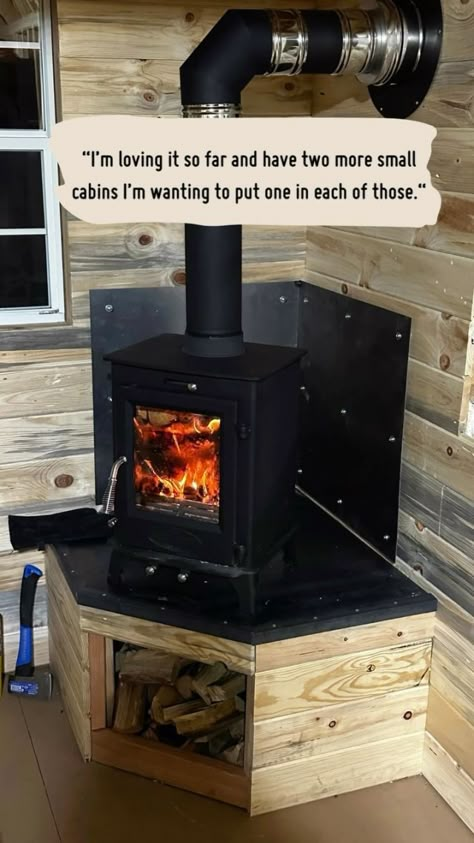 Wood Stove On Porch, Small Fireplace Ideas Wood Stoves, Small Wood Burning Stove Ideas, She Shed With Wood Stove, Small Wood Stove Ideas, Camper With Wood Stove, Tiny Home Wood Stove, Wood Stove In Rv, Tiny Wood Stoves For Tiny Homes