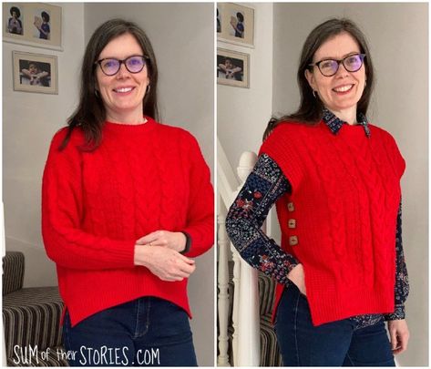 Diy Sweater Vest From Sweater, Repurpose Sweaters Ideas, Upcycle Vest, Sweater Repurpose, Diy Sweater Refashion, Refashion Sweater, Vests Outfits, Diy Winter Clothes, Sweater Upcycle