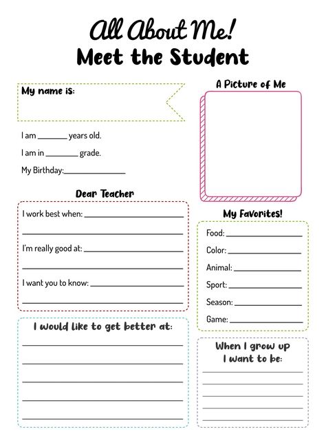 Student Introduction Sheet, All About Me Project Middle School, Introduction Of Myself For Portfolio, Student Profile Template Aesthetic, Meet The Student Template, Student All About Me, Student Profile Ideas, Middle School All About Me Sheet, Profile Information Ideas