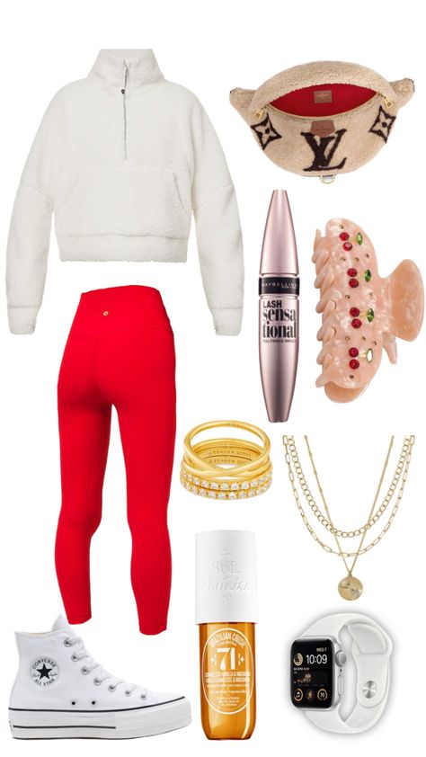 Red Lululemon Leggings Outfit, Outfits With Red Leggings, Red Lululemon Leggings, Red Leggings Outfit, Outfits With Red, Cute Winter Fits, Red Lululemon, Shuffles Preppy, Sweatpants Outfits