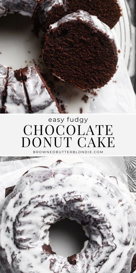 Take all the delicious flavors of a chocolate old fashioned donut and turn them into an easy chocolate donut cake. Perfectly chocolately and topped with a sweet vanilla glaze, this cake is a hit for both breakfast and dessert! | Browned Butter Blondie Glaze For Chocolate Cake, Chocolate Cake With Glaze, Chocolate Bundt Cake Recipe Easy, Chocolate And Vanilla Desserts, Chocolate Decorating Ideas, Donut Pound Cake, Chocolate Cake Donut Recipe, Sunday Dessert Ideas, Chocolate Donut Cake