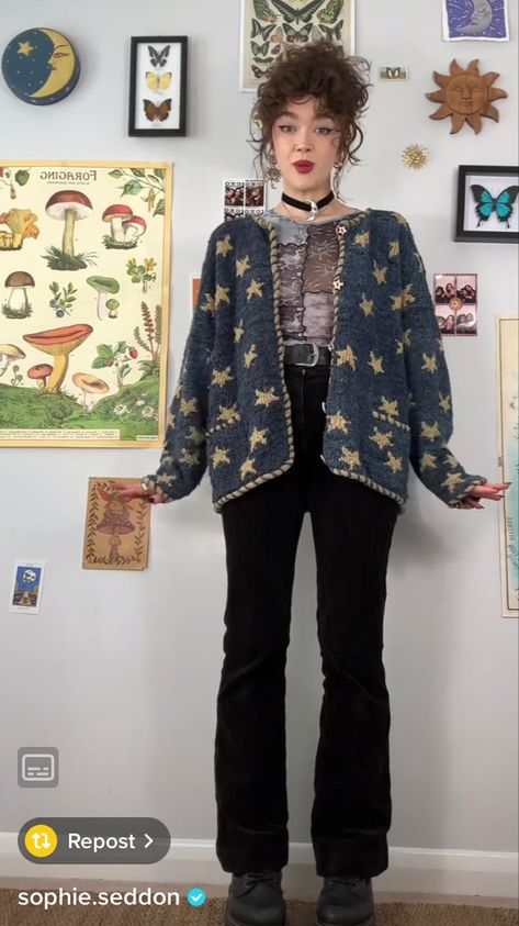 Coraline Star Jumper, Amano Starry Cardigan, Witchy Crochet Sweater, Coraline Star Sweater Outfit, Star Pattern Knitting, Coraline Star Sweater Crochet, Sun And Moon Crochet Cardigan, Howls Moving Castle Sweater Crochet, Knit Star Sweater