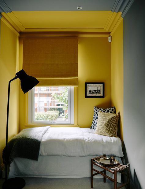 [link url="https://www.stylelibrary.com/sanderson/"]Sanderson[/link]'s 'Mimosa Yellow' paint brightens one of the bedrooms. Very Small Bedroom, Tiny Bedroom Design, Yellow Bedroom Decor, Yellow Room, Small Space Design, Small Bedroom Decor, Yellow Bedroom, London House, Small Room Design