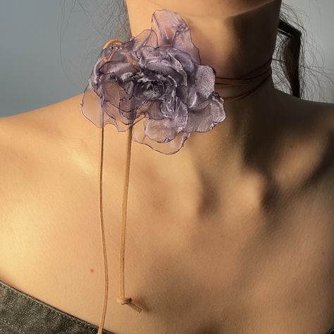 "My flower chokers are fully hand sewn out of several burned by hand organza petals, includes no metal and fully made out of fabric!  They are made to order by one person so every flower is unique and made specifically for you<3 - Made out of Organza  - Tie up closure - Detachable flower pendant ( has a loop at the back) - Approximate size of the flower is around 3\" - Approximate size of the lace is 58\" Inspired by earlier times with a slightly edgy touch!  Greatly paired with silk ruffle dres Neck Flower Choker, Flowers Accessories, Neck Flower, Flower Choker Necklace, Denim Corset, Flower Choker, Chocker Necklace, Handmade Lace, Neck Piece