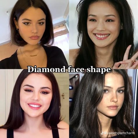 Diamond Face Shape Aesthetic, Make Up For Diamond Face Shape, Haïr Cut For Diamond Face, Diamond Shape Face Hairstyles, Makeup For Diamond Face Shape, Hair For Diamond Shape Face, Cute Facial Features, Diamond Face Shape Hairstyles, Diamond Shaped Face