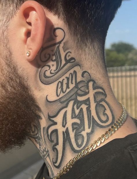 Letter Neck Tattoo Men, Neck Tattoos Women Lettering, Neck Lettering Tattoo Men, Tattoo That Says Family, Men S Neck Tattoo, Word Face Tattoos, Angle Neck Tattoo, Neck Tattoo Lettering, Neck Lettering Tattoo