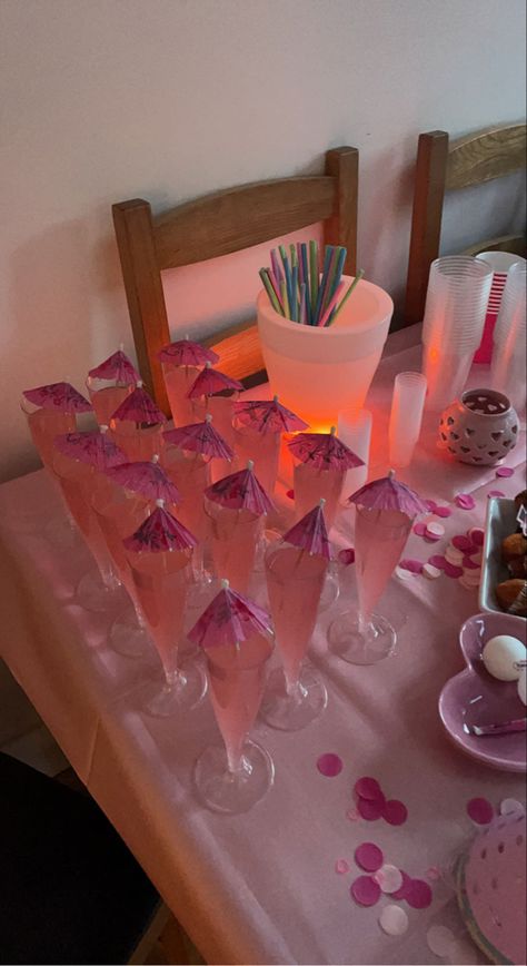 Pink Themed Hotel Party, Pink Surprise Party, Sweet 16 At Home Party Ideas Pink, Sweet 16 Party Drinks, Pink Themed Drinks, Pink Birthday Activities, 16 Birthday Ideas Activities, Sweet 16 Drink Ideas, Pink 15th Birthday Party