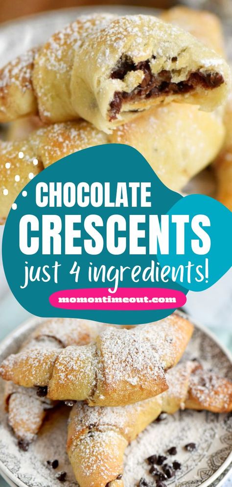 Easy Chocolate Crescents – Just 4 Ingredients!, easter brunch, breakfast ideas Dessert Cinnamon Crescent Rolls, Crossaint Dessert Crescent Rolls, Chocolate Chip Crescent Rolls Pillsbury, Easy Recipes With Croissant Dough, Sweets With Crescent Rolls, Uses For Crescent Roll Dough, Cresent Roll Recipes Sweet, Crescent Roll Recipes Chocolate, Chocolate Crescent Roll