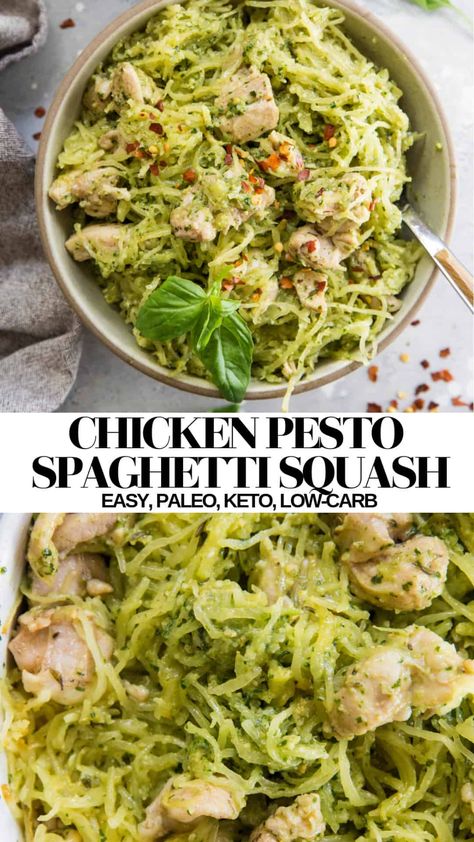 Chicken Spaghetti Squash Recipes, Whole30 Spaghetti Squash, Chicken Pesto Spaghetti, Spaghetti Squash Paleo, Spaghetti Squash Recipes Chicken, Pesto Spaghetti Squash, Healthy Squash Recipes, Spaghetti Squash Recipes Healthy, Spaghetti Squash Recipes Easy