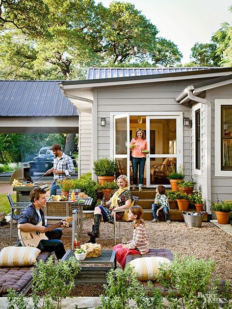 backyard | better homes & gardens Patio Edging, Pea Gravel Patio, Cottage Makeover, Gravel Patio, Pea Gravel, Outdoor Entertaining Area, Pergola Designs, Concrete Patio, Patio Stones