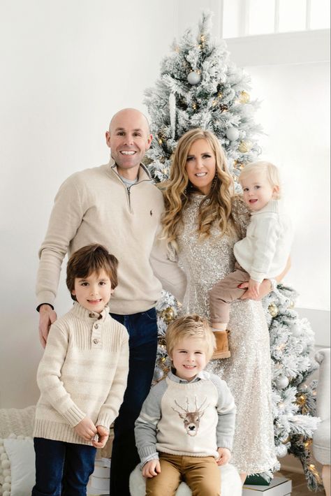 Family photo outfit ideas Fancy Christmas Outfits For Family Pictures, Winter Whites Family Photos, Jcpenney Portraits Christmas, Holiday Neutral Outfits, Photoshoot With Christmas Tree, Christmas Neutral Photoshoot, White Dress Christmas Pictures, Neutral Outfits For Family Pictures Winter, First Christmas Family Pictures Holiday Cards