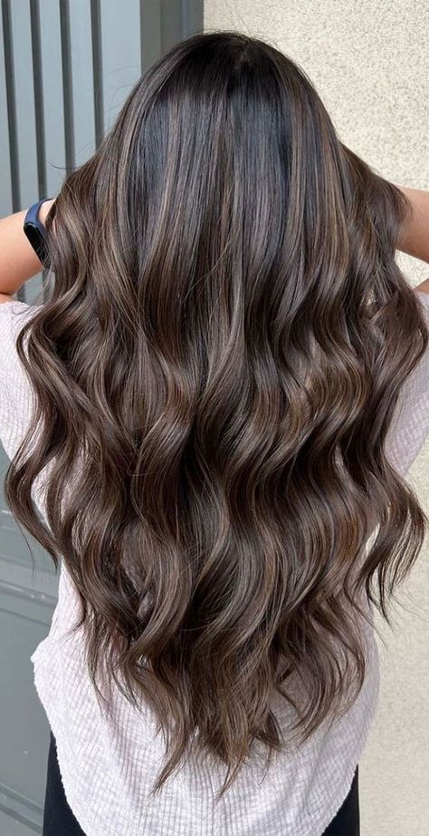 Nice Brunette Hair Colors, Summer Hair Dark Brown, Dark Brown With Medium Brown Highlights, Long Dark Hair With Lowlights, Highlights For Really Dark Brown Hair, Coffee Balayage Brunette Hair, Baby Lights On Dark Brown Hair, Brown On Brown Hair, Fall Dark Hair Ideas