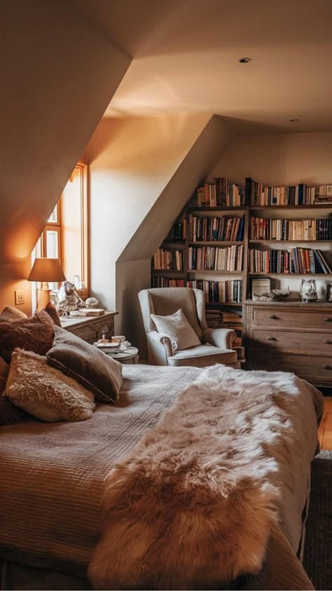 Cozy bedroom with a large bed, plush blankets, a reading chair, and a bookshelf filled with books. Cozy Bedroom Books, Tiny Cozy Bedroom, Hygge Bedroom Aesthetic, Big Cozy Bedroom, Autumn Room Aesthetic, Home Cozy Aesthetic, Cozy Warm Bedroom, Warm Cozy Bedroom, Bookish Bedroom