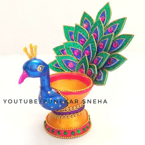 Peacock Diya Decoration, Easy Diya Decoration Ideas For Kids, Diya Making Competition, Diya Decoration Ideas Diwali Unique, Diya Decoration Ideas Creative, Deepavali Craft, Easy Diya Decoration, Diwali Craft Ideas, Diy Peacock