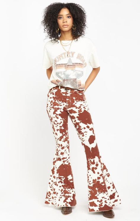 Cow Print Bell Bottoms, Cow Print Pants, Boho Bell Bottoms, Printed Bell Bottoms, How Many Bridesmaids, Bohemian Clothes Women, Girls Together, Heart Women, Holy Cow