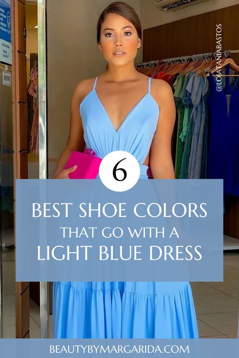 Not sure what color shoes to wear with a light blue dress? Here you'll find the best shoes for light blue dresses, whether for a wedding or a laid-back party! Dress: Tania Bastos Baby Blue Dress Accessories, Blue Dress Outfit Party Classy, Heels For Light Blue Dress, Heels To Go With Blue Dress, Light Blue Dress Gold Accessories, Accessories For A Blue Dress, Cornflower Blue Dress Outfit, Light Blue Dress Accessories, Shoes For Blue Prom Dress