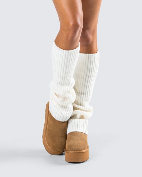 Stay warm while still looking cute with these white leg warmers 🤍 Constructed from fully fashioned sweater knit fabric and complete with a ribbed knit - these leg warmers are the perfect winter essential 😊 Leg Warmers Outfit Aesthetic, White Leg Warmers, Leg Warmers Outfit, Fuzzy Skirt, Black Off Shoulder Top, Deer Costume, Future Of Fashion, Knit Leg Warmers, Red Mini Skirt