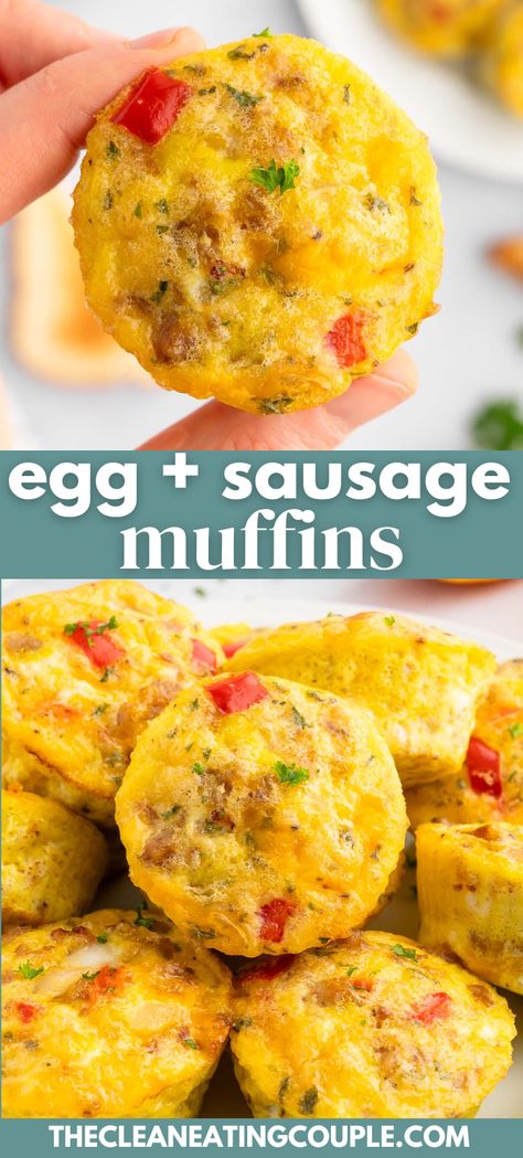 An Easy Sausage Egg Muffins Recipe you'll love. Perfect for busy mornings, these muffins are high protein, delicious and quick to make! A great make ahead breakfast recipe! Egg Muffins Breakfast Healthy Protein, High Protein Make Ahead Breakfast, Egg Sausage Muffins, Low Calorie High Protein Breakfast, Protein Breakfast Muffins, Healthy Breakfast Recipes Clean Eating, Couple Recipes, Egg Muffins Breakfast Healthy, Sausage Egg Muffins