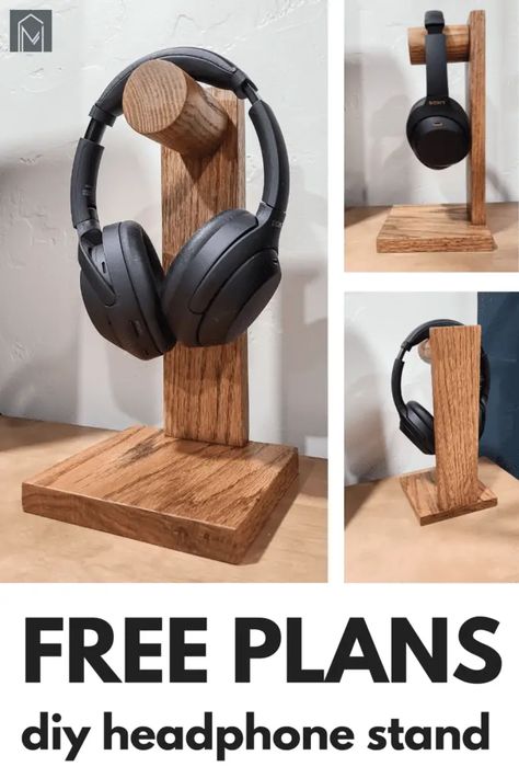 Need a good place to hang your headset at your desk? This simple DIY headphone stand is an easy beginner woodworking project that will give you the perfect place to hang your headphones. The free downloadable plans will help you make your own wooden DIY headphone stand. It also makes a great gift for him! #makingmanzanita Headset Holder Diy, Headphones Holder Diy, Headset Stand Wood, Headphone Holder Diy, Wood Headphone Stand, Wooden Headphone Stand, Diy Headphone Holder, Headphone Stand Diy, Headphones Holder