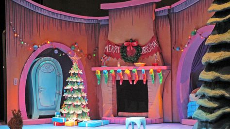 How the Grinch Stole Christmas. Children's Theater Company. Set design by Tom Butsch. Whoville Set Design, Grinch Stage Design, Grinch Play, Ward Christmas Party, Grinch Decorations, Le Grinch, Grinch Christmas Party, Christmas Stage, Whoville Christmas