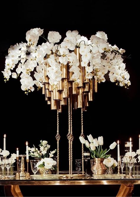 Centerpiece Stands & Floral Risers | Wedding Table Centerpiece Perfume Table, Tall Vase Arrangements, Faux Flowers Wedding, Black Centerpieces, White Weddings Reception, Tall Wedding Centerpieces, Gold Centerpieces, Wedding Event Decor, Gold Wedding Decorations