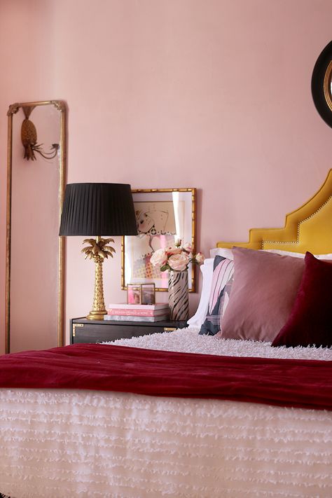 Farrow and Ball Calamine Paint in bedroom with accents of burgundy and blush pink Pink Burgundy Bedroom, Cottage Pink Bedroom, Burgundy And Pink Bedroom, Pink And Burgundy Bedroom, Pink Master Bedrooms Decor, Red Pink Bedroom, Red And Pink Bedroom, Mexican Cottage, Burgundy Carpet