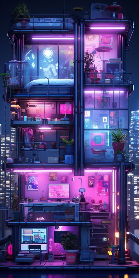 Cyberpunk House Aesthetic, Dreamwave Aesthetic, Uv Aesthetic, Cyberpunk Landscape, Cyberpunk Architecture, Neon Cyberpunk Aesthetic, Cyberpunk House, Cyberpunk Apartment, Cyberpunk Building