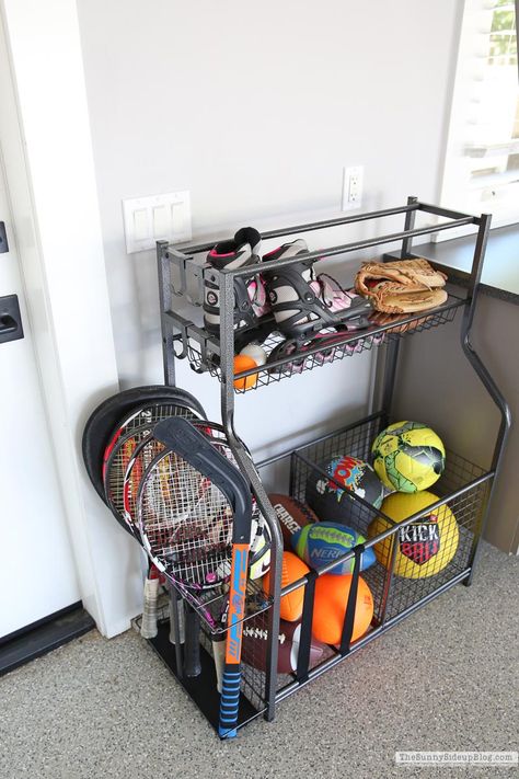 Sports Rack Storage Ideas, Storage Sports Equipment, Garage Storage For Sports Equipment, How To Organize Sports Equipment, Storage For Sports Equipment, Storing Sports Equipment, Sport Ball Storage, Store Sports Equipment, Organizing Sports Equipment