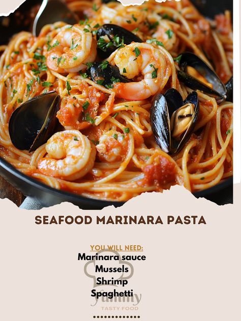 🍝🦑 Seafood Marinara Pasta – A delightful, seafood-filled pasta dish with a rich marinara sauce. Perfect for a sophisticated meal! 🍤🍝 #SeafoodPasta #DinnerDelight Seafood Marinara Pasta Ingredients: Spaghetti (12 oz) Shrimp (1 cup, peeled and deveined) Mussels (1 cup, cleaned) Marinara sauce (2 cups) Olive oil (2 tbsp) Garlic (3 cloves, minced) White wine (1/4 cup, optional) Red pepper flakes (1/4 tsp, optional) Fresh parsley (2 tbsp, chopped) Instructions: Cook spaghetti according to pack... Seafood Marinara Pasta, Seafood Marinara, Marinara Pasta, Filled Pasta, Pasta Ingredients, Seafood Pasta, Pasta Dish, Marinara Sauce, Fresh Parsley