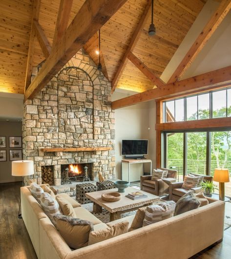 30 Sectional Living Room Ideas to Divide It with Style - Foter Modern Timber House, Houses In Charlotte Nc, Rustic Living Room Ideas, Timber Frame Cabin, Rustic Family Room, Modern Mountain Home, Modern Rustic Homes, Timber House, Cozy Fireplace