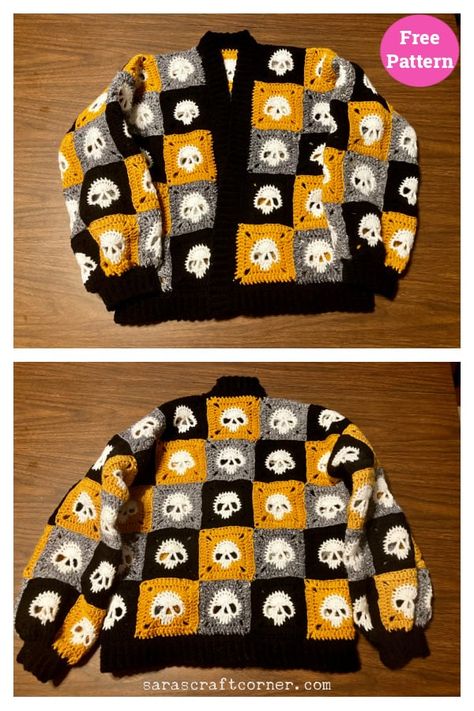 Granny Square Skull Sweater Free Crochet Pattern Sweater Crochet Patterns, Halloween Knitting Patterns, Crochet Skull Patterns, Granny Square Pattern Free, Halloween Knitting, Crochet Granny Square Tutorial, Crochet Patterns Filet, Crochet Cardigan Pattern Free, Crochet Skull