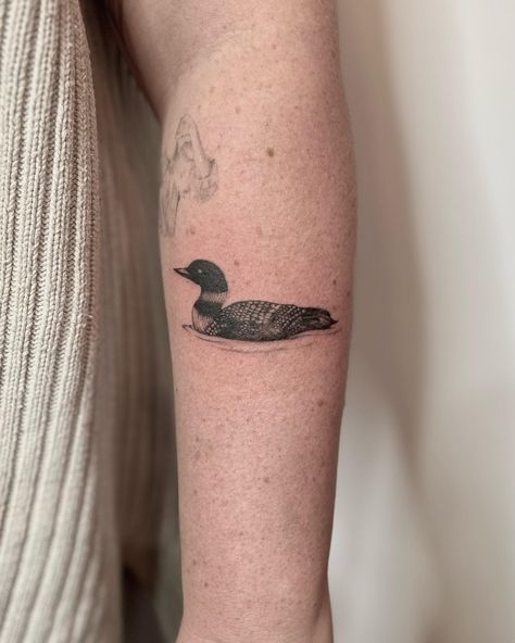 Mae Wu (@mae.tattoo) • Instagram photos and videos Minnesota Loon Tattoo, Bird Bath Tattoo, Wisconsin Tattoo Ideas, Loon Tattoo Ideas Design, Waterfowl Tattoo, Wood Duck Tattoo, Nature Tattoos Simple, Canada Tattoo Ideas, Aged Tattoo