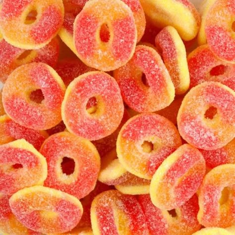 Gummy peaches-the BEST! Peach Candy Aesthetic, Gummy Candy Aesthetic, Peach Flavor Aesthetic, Peach Rings Candy, Peach Ring Gummies, Peach Gummies, Sour Gummy Candy Aesthetic, Food O, Healthy Food Motivation