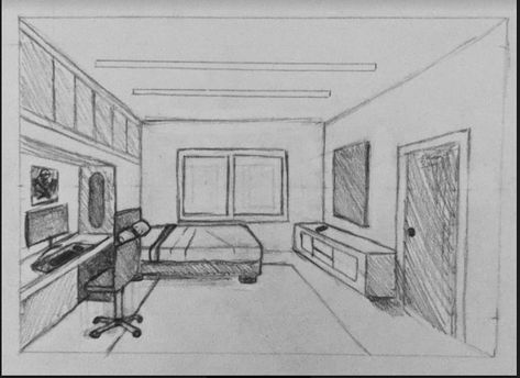 Room Perspective From Above Drawing, One Point Perspective Room Aesthetic, One Point Room Perspective Drawing, 3 Point Perspective Room Drawing, Bedroom 1 Point Perspective, Simple Room Drawing Reference, Room Design Drawing Sketch, 3d Rooms Drawing, Bedroom Easy Drawing