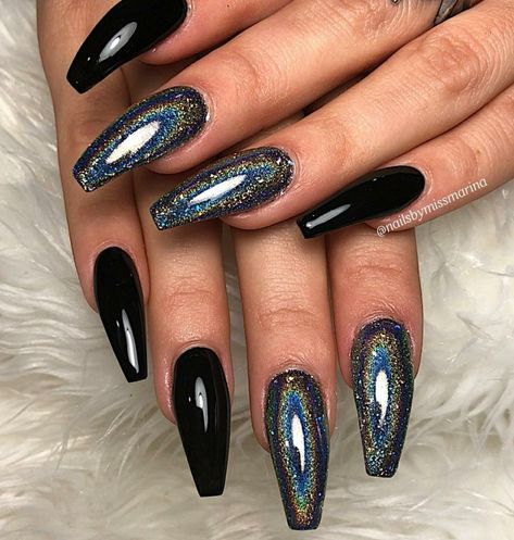 Ballerina Nails. Black Nails. Holographic Nails. Acrylic Nails. Holographic Nails Acrylic, Nails Holographic, Nails With Glitter, Nails Purple, Black Acrylic Nails, New Nails, Super Nails, Ballerina Nails, Ideas Nails