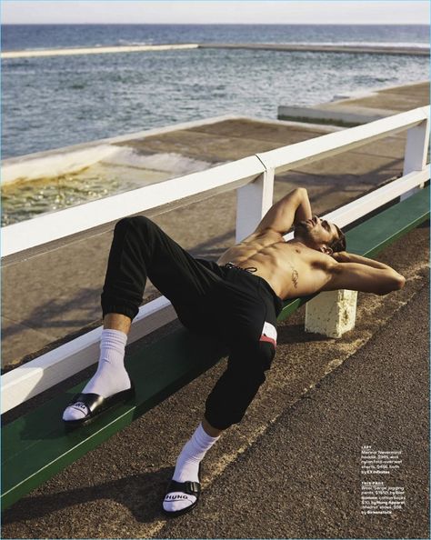 Taking a break, Jack Tyerman wears Dior Homme jogging pants, Hung Apparel socks, and Birkenstock slide sandals. Socks Outfit Men, Gq Australia, Men In Socks, Sea Change, Sean O'pry, Mens Slide Sandals, Fashion Slides, Men Slides, Sock Outfits