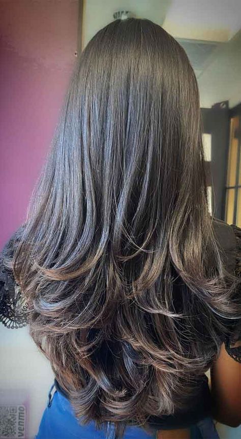 Long Hair With Layers And Curtain Bangs From The Back, All Round Layers, Long Layers Haircut Dark Hair, Rounded Layered Haircut, Meghan Markle Hair Layers, Rounded Layers And Curtain Bangs, Long Hair In Layers Haircuts, Leyarcut Long Hair, Different Types Of Hair Layers