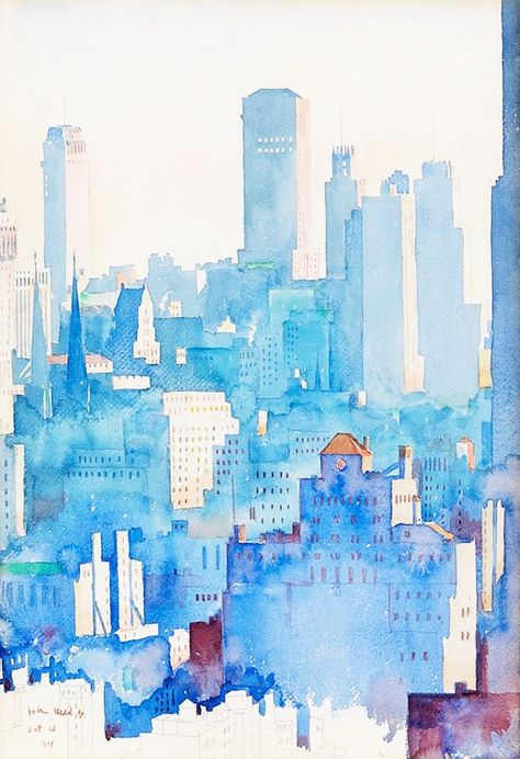 john held jr. I934 new york skyline watercolor and pencil on paper Peisaj Urban, Watercolor Art Diy, Skyline Painting, Watercolor City, Watercolor Architecture, City Painting, Art Aquarelle, Collaborative Art, Pencil On Paper