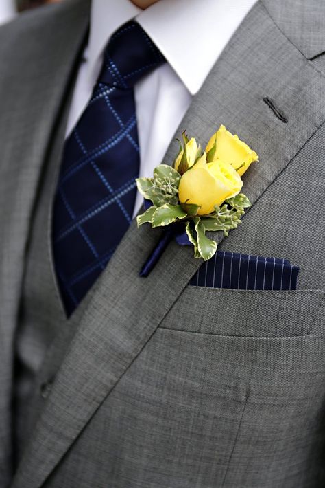 Yellow Rose Buttonhole, Yellow Boutineer, Yellow And Navy Wedding, Navy Boutonniere, Wedding Ideas Yellow, Variegated Pittosporum, Yellow Boutonniere, Yellow Wedding Theme, White Boutonniere