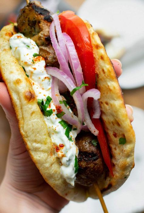 Pork Souvlaki Pita Wraps (with Tzatziki) - Real Greek Recipes Pork Souvlaki Recipe, Mideastern Food, Souvlaki Wrap, Souvlaki Pita, Souvlaki Skewers, Pita Wraps, Pork Souvlaki, Greek Pork, Pork Gyros