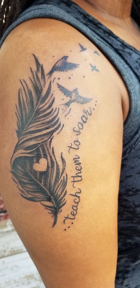 Feather and birds tattoo. Shoulder tattoo. Women Feather Tattoo Ideas, Bird With Feather Tattoo, Feather Turning Into Birds Tattoo, Thigh Feather Tattoo Women, Bluebird Feather Tattoo, Memorial Feather Tattoo Ideas, Feather To Birds Tattoo, Feather Tattoo On Thigh, Angel Feathers Tattoo