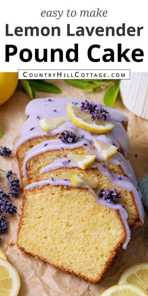 This super moist and easy lemon lavender cake recipe is bursting with warm lavender and zesty lemon flavors and drizzled with a gorgeous lavender glaze. It combines plenty of bright citrus flavor with floral lavender notes, all baked into a moist, buttery pound cake. The texture is rich and dense, but also tender and moist. I used lemon slices and fresh lavender flowers as decoration. It’s the perfect summer treat for breakfast, teatime, dessert, or a birthday! | CountryHillCottage.com Lavender Birthday Decorations, Lavender Pound Cake, Lavender Cake Recipe, Lemon Lavender Cake, Lemon Lavender Cookies, Lavender Dessert, Buttery Pound Cake, Lavender Glaze, Cottagecore Recipes