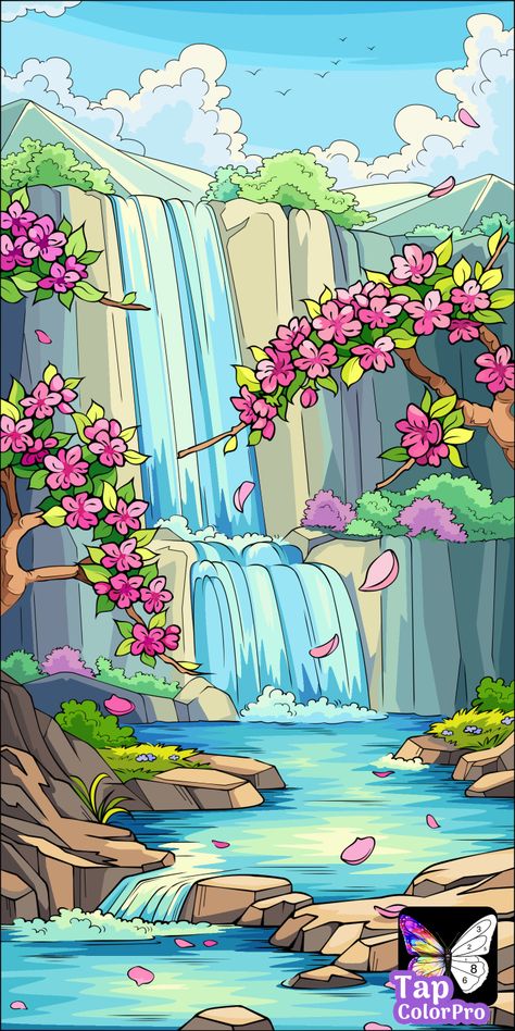 Waterfall Drawing Reference, Natural Scenery Drawing For Kids, Month Widget, Clay Competition, Environment Drawing Ideas, Beautiful Scenery Drawing, Waterfall Drawing, Scenery Drawing For Kids, Drawing Scenery