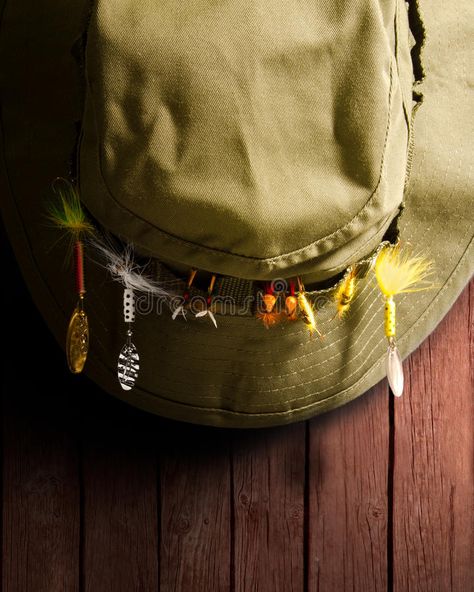 Fishing Hat. With lures hanging on a wooden wall , #AD, #lures, #Hat, #Fishing, #wall, #wooden #ad Bucket Hat Aesthetic, Camping Poster, Fishing Bucket Hat, American House Plans, Hat Aesthetic, Fish Tales, Fishing For Beginners, Kids Fishing, Fishing Hat